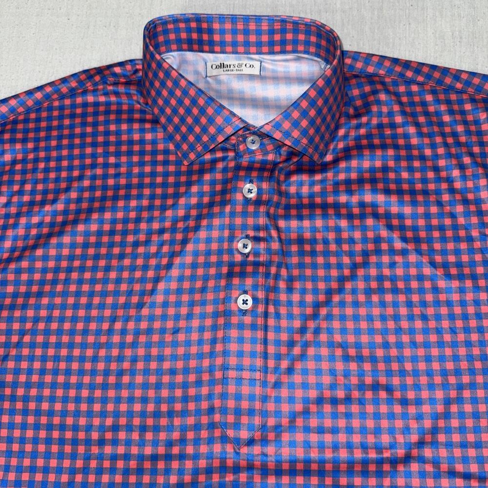 Collars and Co Golf Polo Orange Blue Gingham Checks Large Tall Preppy NWOT